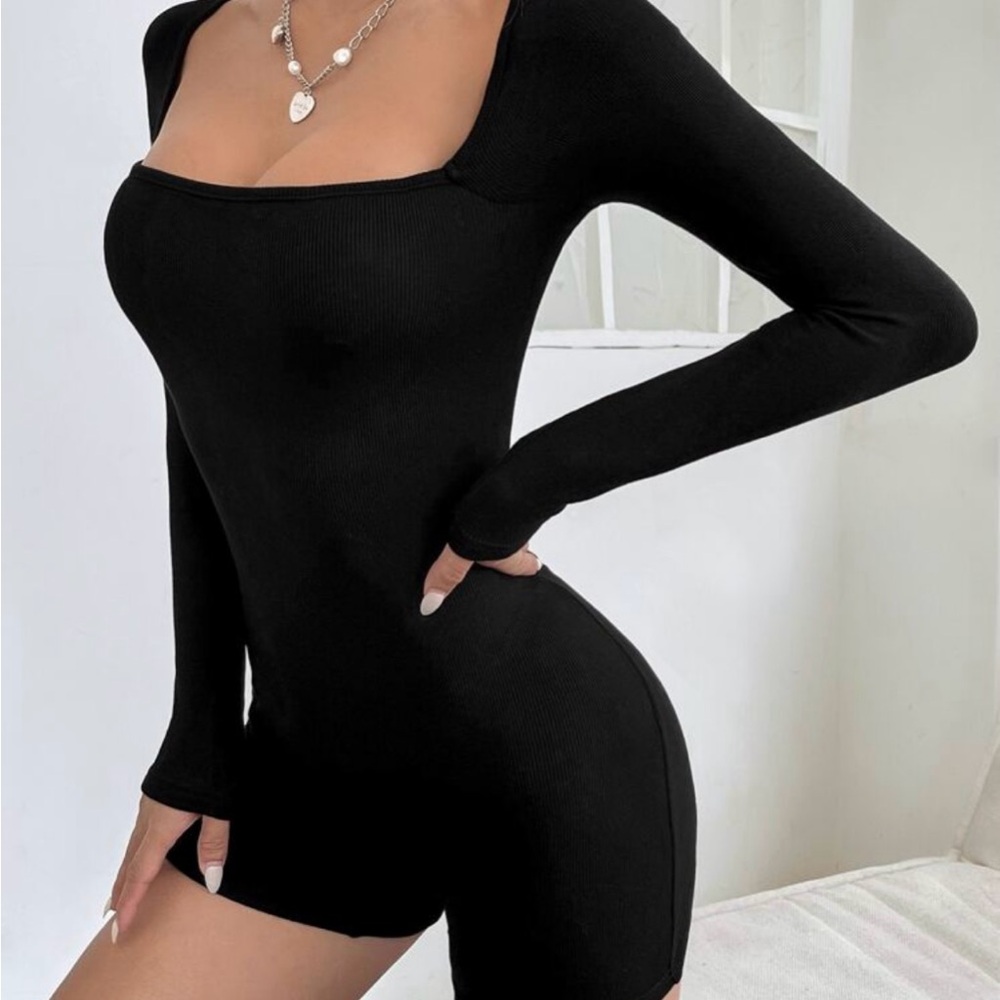 Black Long Sleeve Squared Neck Ribbed Knit Unitard Romper